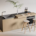 Wooden Bar Counter With Black Sink Two Stools Plant And Wine Bottles On Countertop
