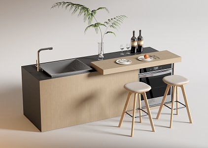 Modern Bar Chair Combination Western Kitchen Bar Counter Central Island Sink Bar Chair 3d model