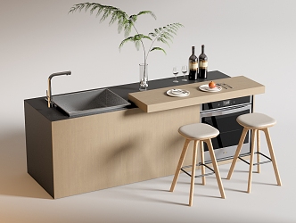 Modern Bar Chair Combination Western Kitchen Bar Counter Central Island Sink Bar Chair 3d model