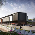 Modern Commercial Street With Waterfront View Pedestrians Willow Trees And Shops