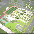 Modern White School Building With Red Accents Multi story Windows Lawn Trees And Pedestrians