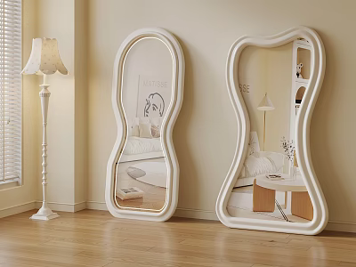 Stylish Curved White Mirrors In Room With Floor Lamp And Wooden Floor 3d model
