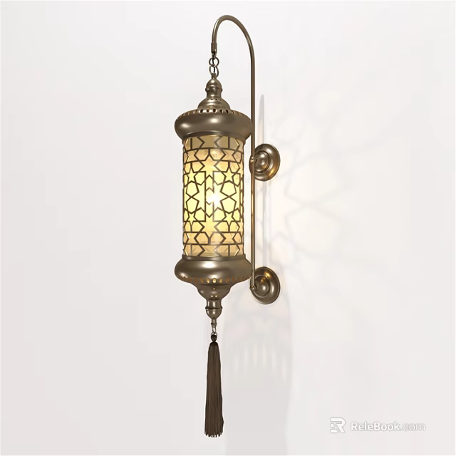Traditional Brass Wall Lamp with Intricate Geometric Cutout Shade Tassel and Patterned Light Projection 3d model 