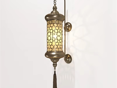 Traditional Brass Wall Lamp with Intricate Geometric Cutout Shade Tassel and Patterned Light Projection 3d model