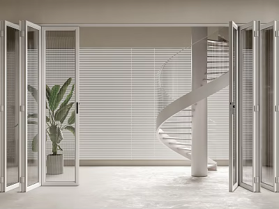 Modern Folding Doors Open To Bright Interior With Spiral Staircase And Plant 3d model