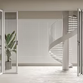 Modern Folding Doors Open To Bright Interior With Spiral Staircase And Plant