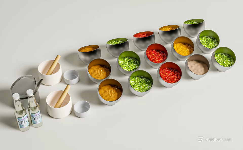 Colorful Spice Bottles with Various Seasonings and Kitchen Tools in Metal Bowls 3d model 