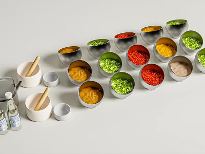 Colorful Spice Bottles with Various Seasonings and Kitchen Tools in Metal Bowls 3d model