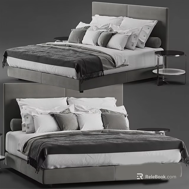 Modern Double Bed With Grey Headboard Multiple Pillows And Side Table 3d model