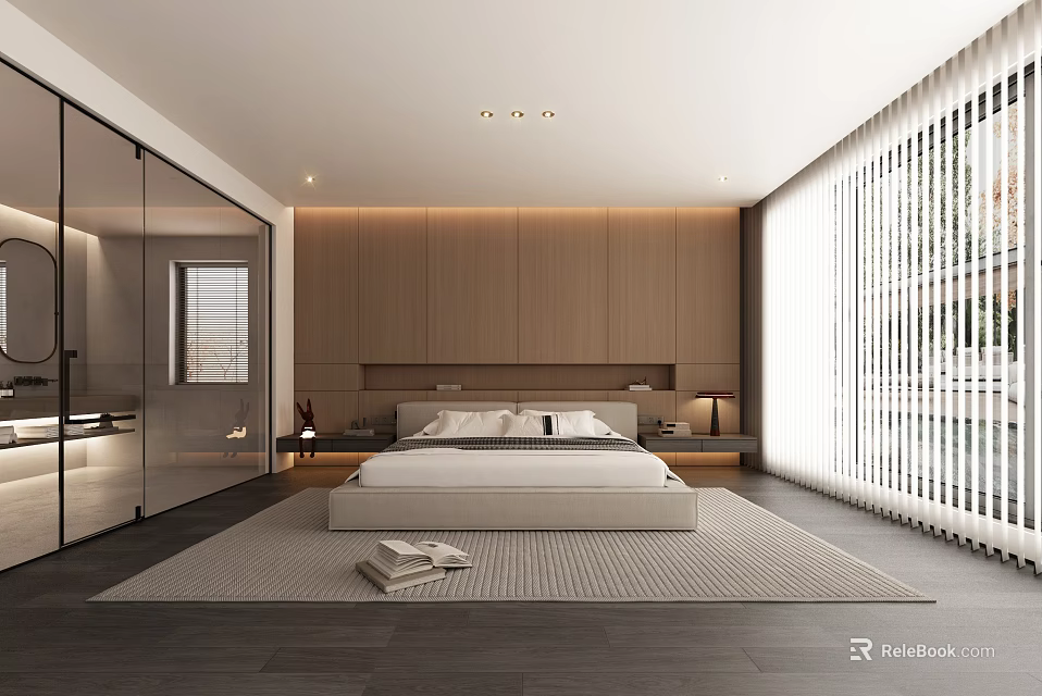 Modern Bedroom Interior Design With Wooden Wall Glass Sliding Wardrobe Bed Rug And Window Blinds 3d model 