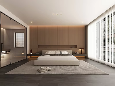 Modern Bedroom Interior Design With Wooden Wall Glass Sliding Wardrobe Bed Rug And Window Blinds 3d model