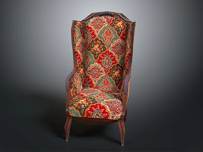 Traditional Vintage Armchair With Intricate Red Green Gold Patterns And Wooden Legs 3d model