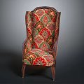 Traditional Vintage Armchair With Intricate Red Green Gold Patterns And Wooden Legs
