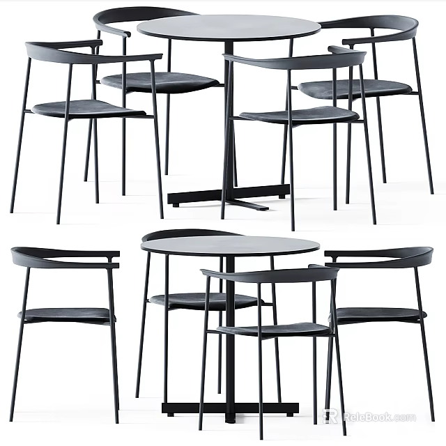 Modern Dining Table and Chairs Set with Minimalist Black Metal Frame and Round Table Top 3d model 