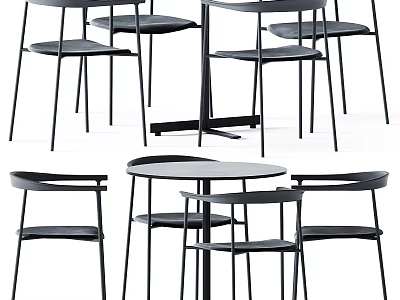 Modern Dining Table and Chairs Set with Minimalist Black Metal Frame and Round Table Top 3d model