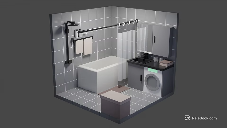 Cartoon Bathroom Scene With Bathtub Shower Rod Towels Mirror Sink And Washing Machine 3d model 