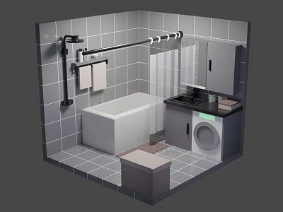 Cartoon Bathroom Scene With Bathtub Shower Rod Towels Mirror Sink And Washing Machine 3d model