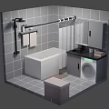 Cartoon Bathroom Scene With Bathtub Shower Rod Towels Mirror Sink And Washing Machine