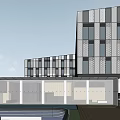 Modern Office Building Exterior With Glass Curtain Wall And Water Pool At Night