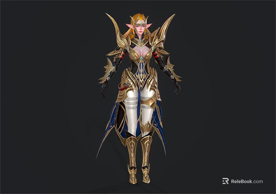 Fantasy Elven Warrior Character in Ornate Golden Armor with Blue Accents and Pointed Ears 3d model 