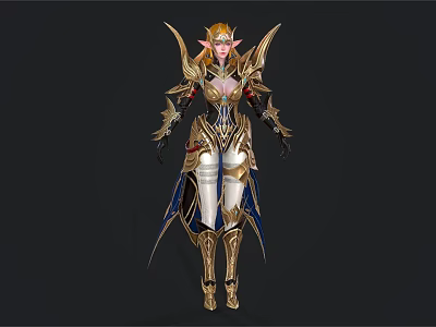 Fantasy Elven Warrior Character in Ornate Golden Armor with Blue Accents and Pointed Ears 3d model