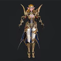 Fantasy Elven Warrior Character in Ornate Golden Armor with Blue Accents and Pointed Ears
