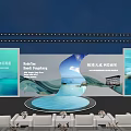 Modern Event Stage With Blue Backdrop Large Screens Lighting Effects And White Chairs