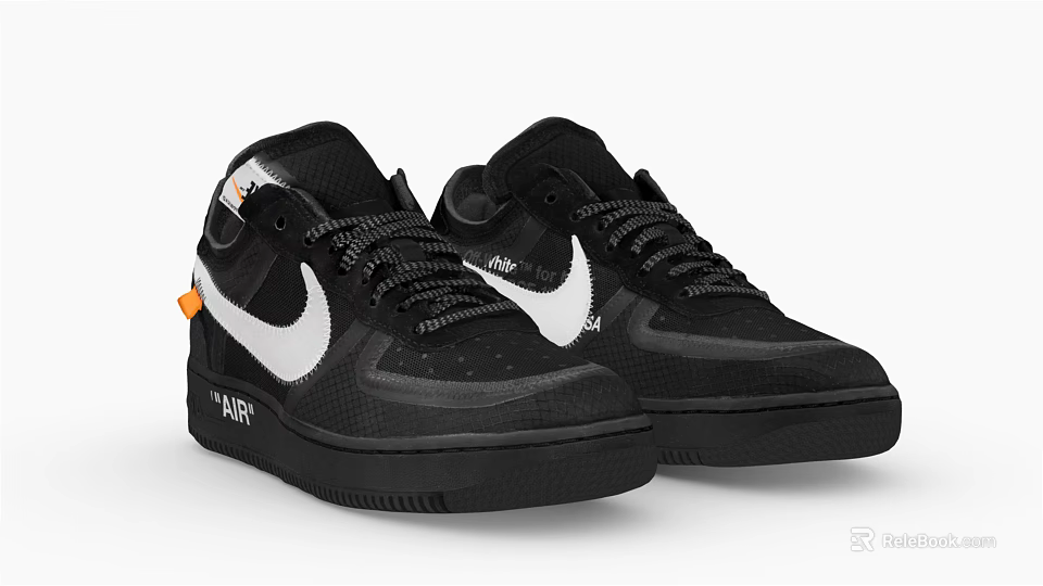 Black Low Top Sneakers With White Nike Swoosh Black Laces Black Sole And Orange Accents 3d model 