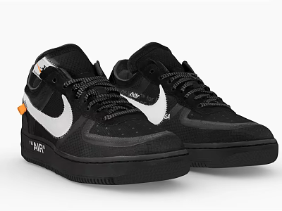 Black Low Top Sneakers With White Nike Swoosh Black Laces Black Sole And Orange Accents 3d model