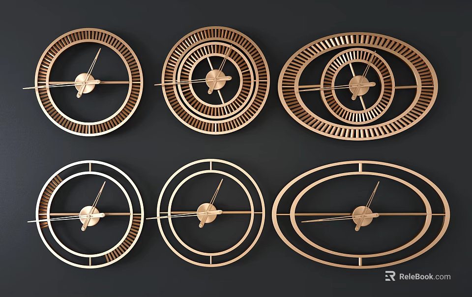 Six Piece Modern Geometric Pattern Bronze Wall Clocks Set with Black Background 3d model 