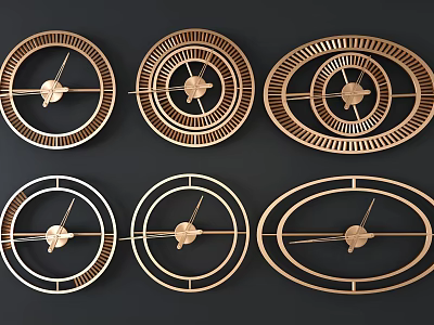 Six Piece Modern Geometric Pattern Bronze Wall Clocks Set with Black Background 3d model