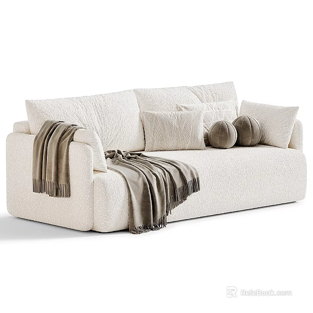 Cream Plush Two Seater Sofa With Decorative Pillows And Cozy Blanket 3d model 