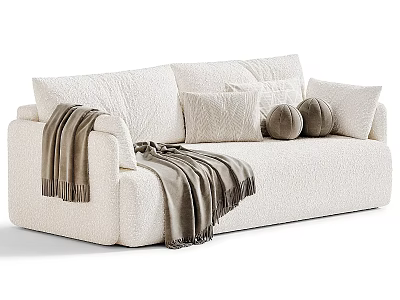Cream Plush Two Seater Sofa With Decorative Pillows And Cozy Blanket 3d model
