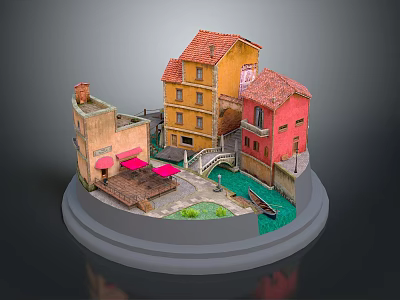 Miniature Architectural Model With Colorful Houses Red Tiled Roofs Small Bridge And Water Channel 3d model