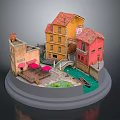 Miniature Architectural Model With Colorful Houses Red Tiled Roofs Small Bridge And Water Channel