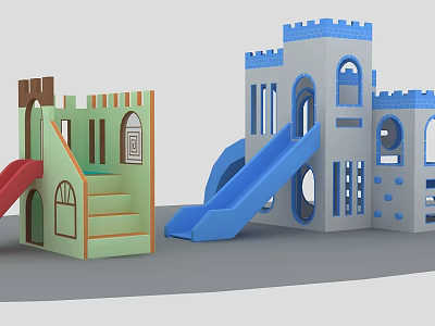 Colorful Castle Shaped Playground Equipment With Slides Steps And Windows 3d model