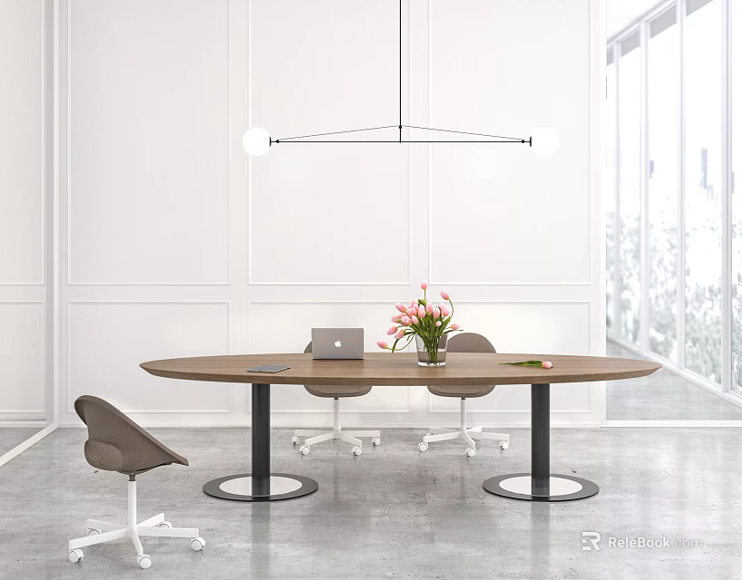 Modern Office Conference Table Wooden Top Black Metal Legs Laptop Pink Flowers Gray Rolling Chairs 3d model 
