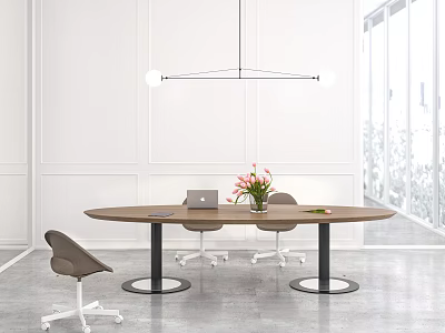 Modern Office Conference Table Wooden Top Black Metal Legs Laptop Pink Flowers Gray Rolling Chairs 3d model