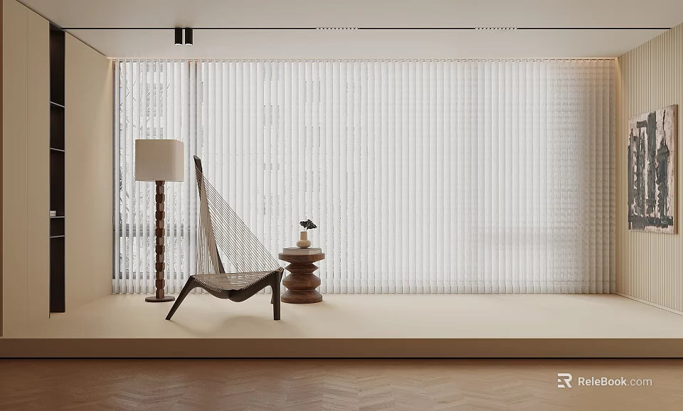 Light Colored Sheer Curtains In Modern Living Space With Lounge Chair Floor Lamp And Side Table 3d model 
