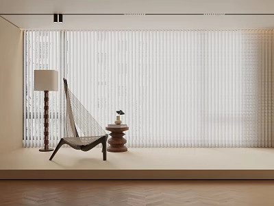 Light Colored Sheer Curtains In Modern Living Space With Lounge Chair Floor Lamp And Side Table 3d model