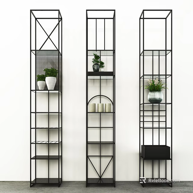 Black Metal Shelving Units With Various Designs Plants White Vases And Candles For Home Decor 3d model 