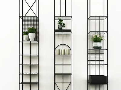 Black Metal Shelving Units With Various Designs Plants White Vases And Candles For Home Decor 3d model