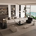 Contemporary Living Room With White L Shaped Sofa Black Armchairs Beige Rug And Bookshelf View