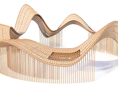 Modern Wooden Pergola With Wavy Curved Design Grid Woven Structure And Hanging Strands 3d model