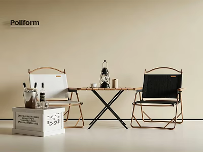 White and Black Foldable Outdoor Chairs with Wooden Frame Side Table and Vintage Lantern 3d model
