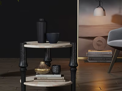Modern Side Table With Marble Top Black Legs And Decorative Items In Living Room 3d model
