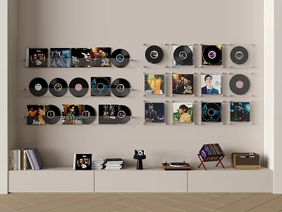 Headphones and Speakers Setup Featuring Wall Mounted Vinyl Records White Low Cabinet and Books 3d model