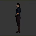 3D Character Model In Blue Coat Brown Pants Holding Guns On Gray Background