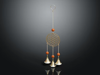 Hanging Wind Chime Ornament Featuring Top Ring Decorative Disc Orange Beads And Metal Bells 3d model