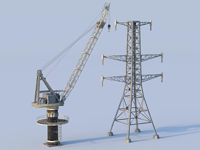 Industrial Crane And Steel Electricity Pylon Structure Against Clear Sky 3d model